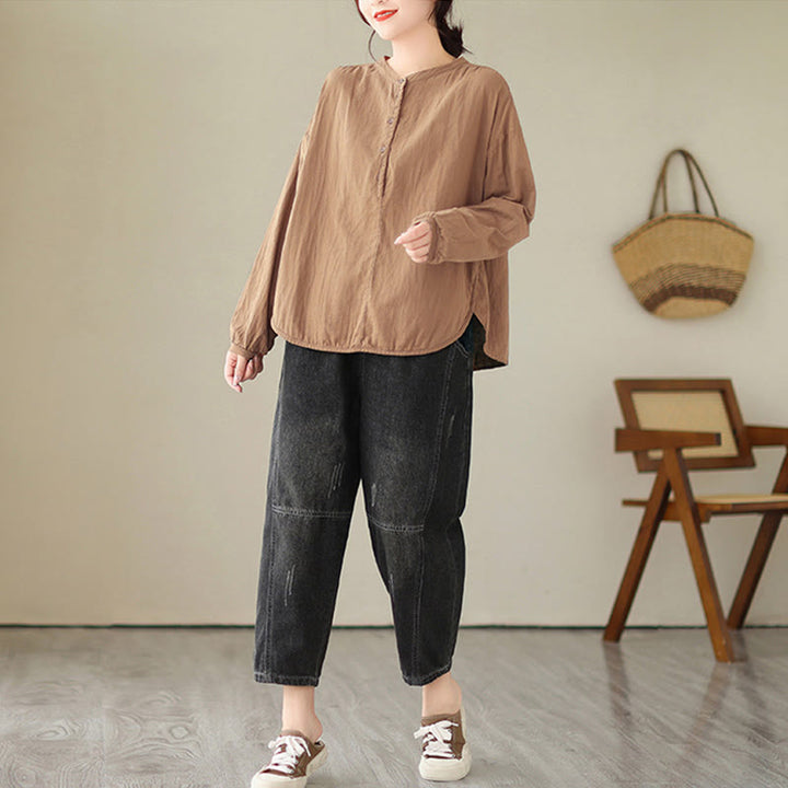 Camisa de manga larga de lino y algodón para mujer, diseño sencillo, con botones y estampado floral de Buddha Stones Commute Spring - image 17