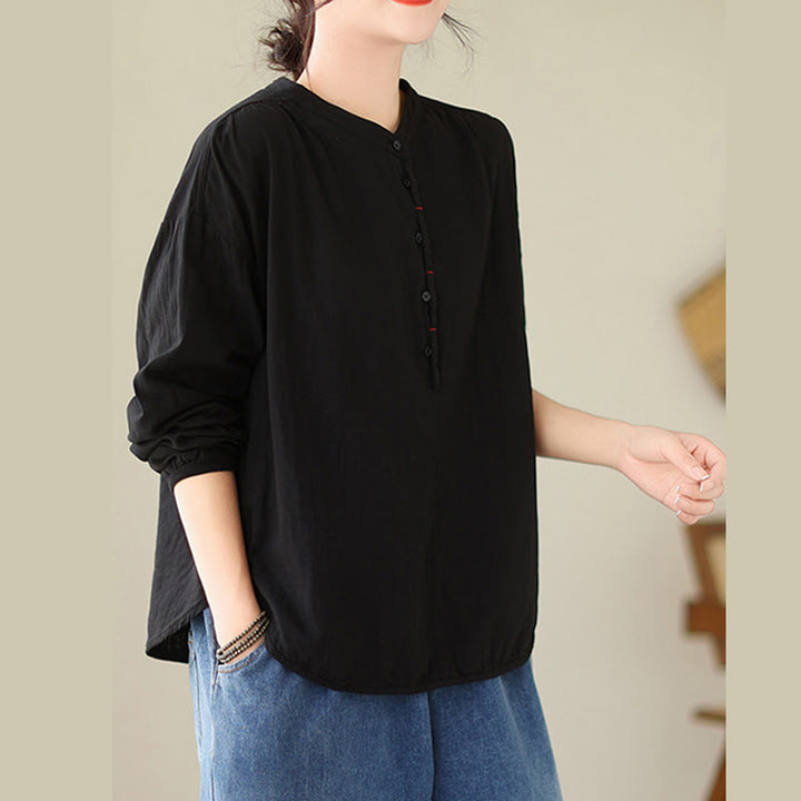 Camisa de manga larga de lino y algodón para mujer, diseño sencillo, con botones y estampado floral de Buddha Stones Commute Spring - image 5
