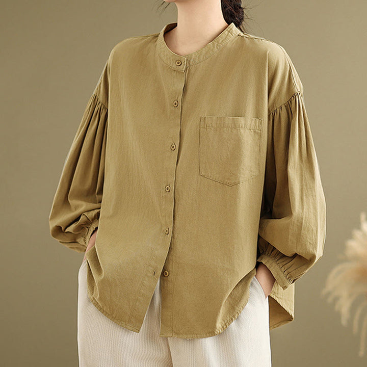 Camisa de manga larga de lino y algodón para mujer con diseño de pliegues de acordeón y botones de Buddha Stones Commute - Vara de oro oscura - US8-10，UK/AU12-14，EU40-42 (2XL) - image 1