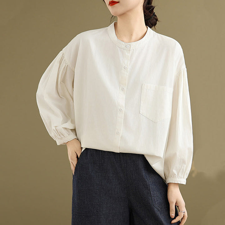 Camisa de manga larga de lino y algodón para mujer con diseño de pliegues de acordeón y botones de Buddha Stones Commute - image 21