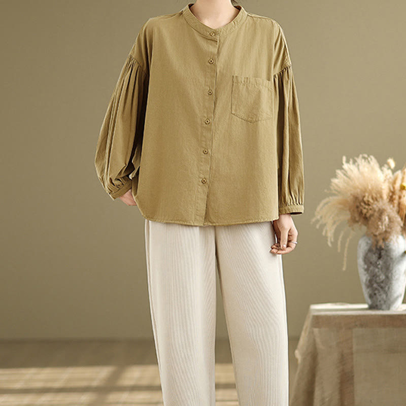 Camisa de manga larga de lino y algodón para mujer con diseño de pliegues de acordeón y botones de Buddha Stones Commute - image 7