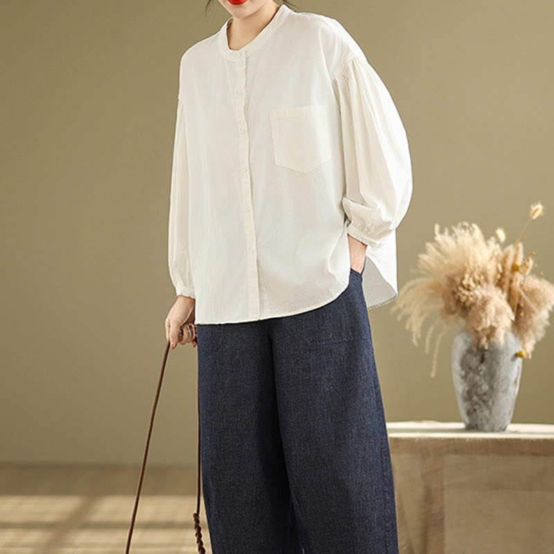 Camisa de manga larga de lino y algodón para mujer con diseño de pliegues de acordeón y botones de Buddha Stones Commute - image 24