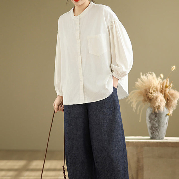 Camisa de manga larga de lino y algodón para mujer con diseño de pliegues de acordeón y botones de Buddha Stones Commute - image 24