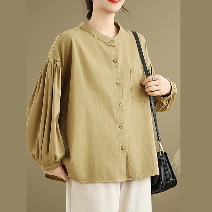 Camisa de manga larga de lino y algodón para mujer con diseño de pliegues de acordeón y botones de Buddha Stones Commute - image 5