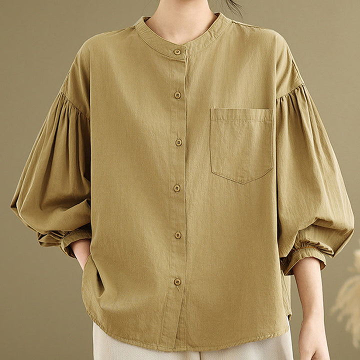 Camisa de manga larga de lino y algodón para mujer con diseño de pliegues de acordeón y botones de Buddha Stones Commute - image 3