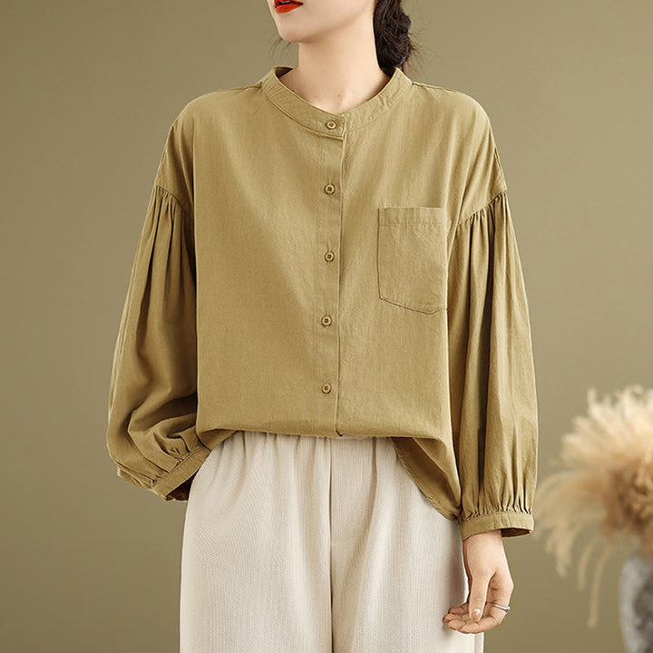 Camisa de manga larga de lino y algodón para mujer con diseño de pliegues de acordeón y botones de Buddha Stones Commute - image 6