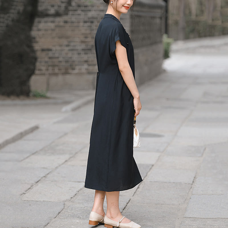 Vestido midi de lino y algodón con mangas cortas y diseño cheongsam liso con Buddha Stones y cordones - image 18