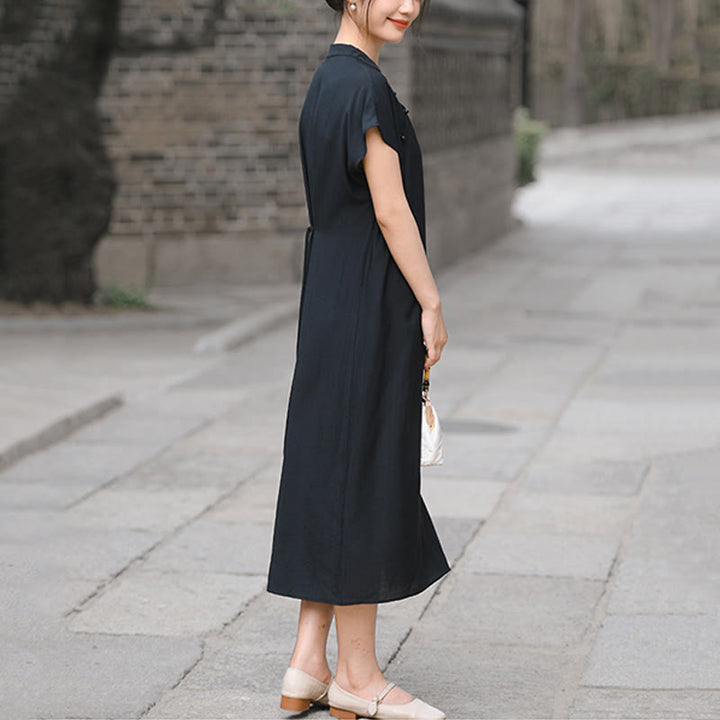 Vestido midi de lino y algodón con mangas cortas y diseño cheongsam liso con Buddha Stones y cordones - image 18