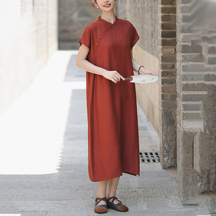 Vestido midi de lino y algodón con mangas cortas y diseño cheongsam liso con Buddha Stones y cordones - image 6