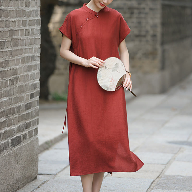 Vestido midi de lino y algodón con mangas cortas y diseño cheongsam liso con Buddha Stones y cordones - Ladrillo refractario - US8-10，UK/AU12-14，EU40-42 (2XL) - image 1