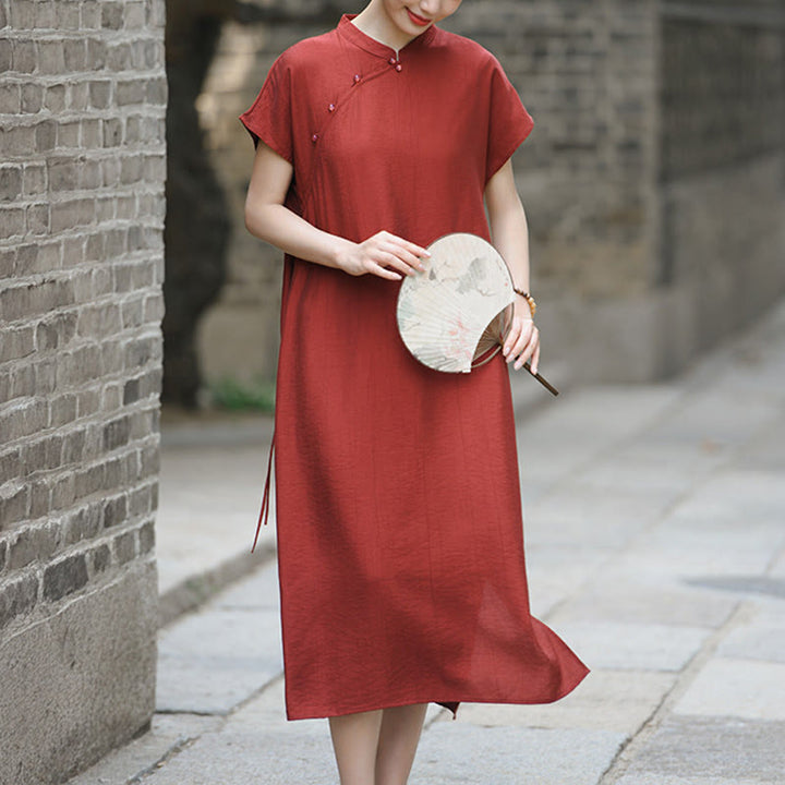 Vestido midi de lino y algodón con mangas cortas y diseño cheongsam liso con Buddha Stones y cordones - Ladrillo refractario - US8-10，UK/AU12-14，EU40-42 (2XL) - image 1