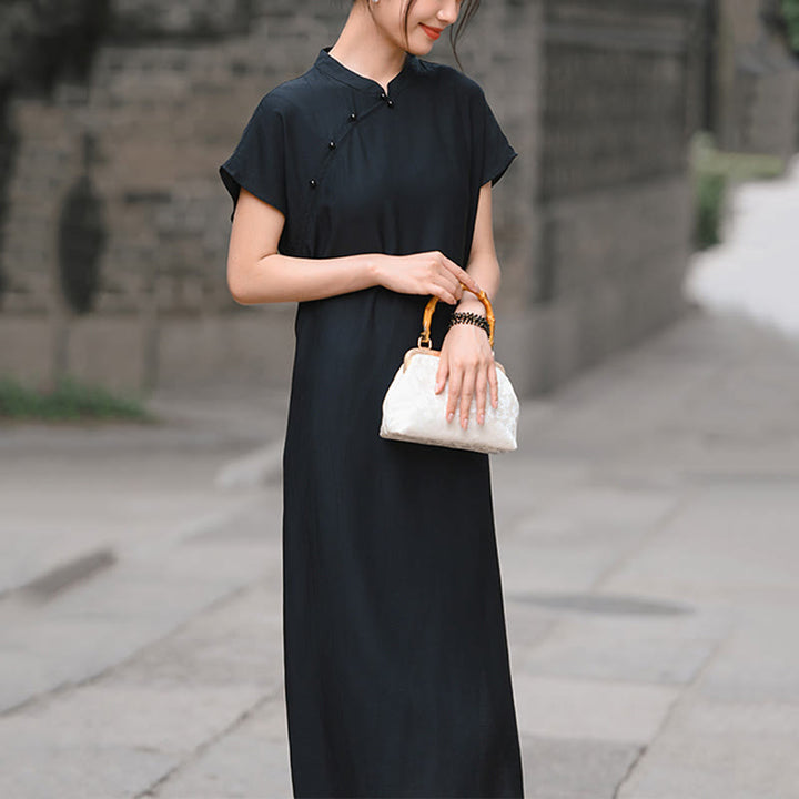 Vestido midi de lino y algodón con mangas cortas y diseño cheongsam liso con Buddha Stones y cordones - image 22