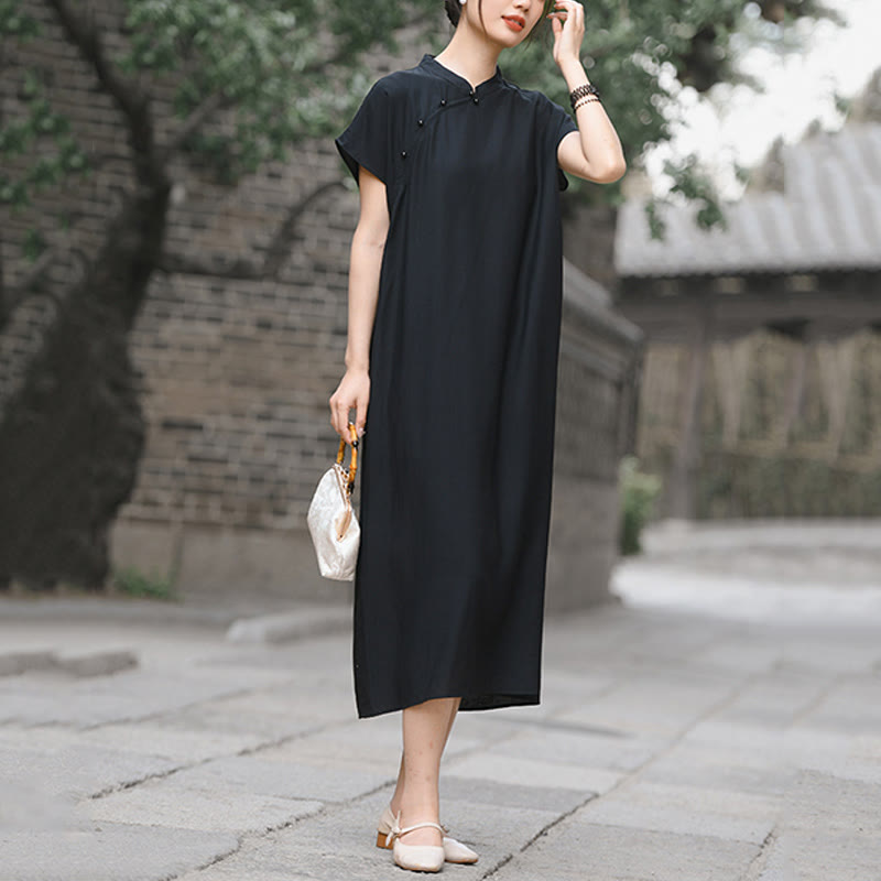 Vestido midi de lino y algodón con mangas cortas y diseño cheongsam liso con Buddha Stones y cordones - image 17