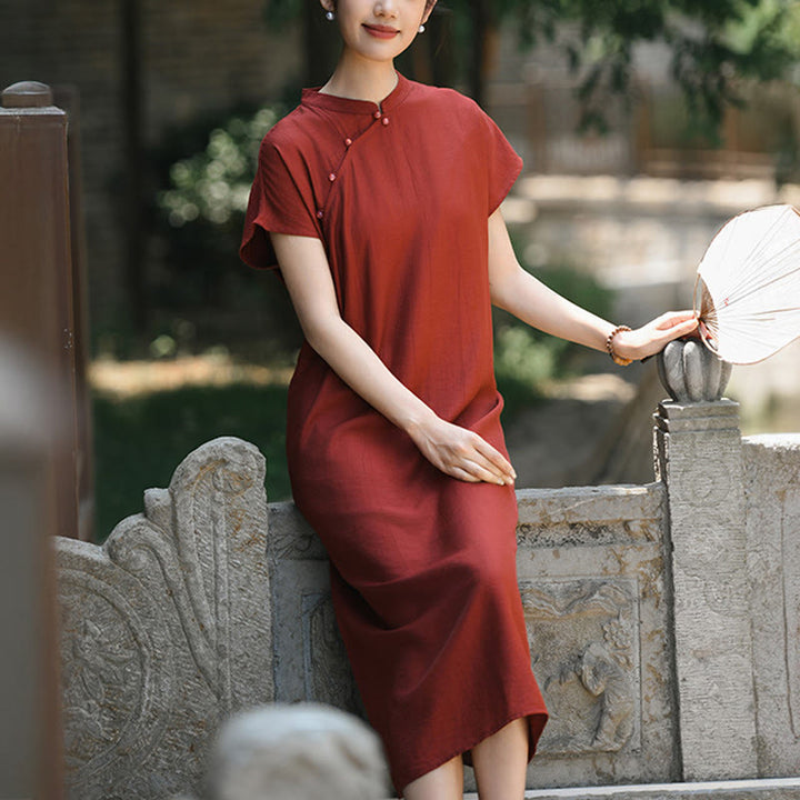 Vestido midi de lino y algodón con mangas cortas y diseño cheongsam liso con Buddha Stones y cordones - image 10