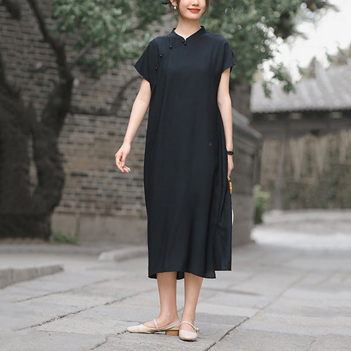 Vestido midi de lino y algodón con mangas cortas y diseño cheongsam liso con Buddha Stones y cordones - image 19