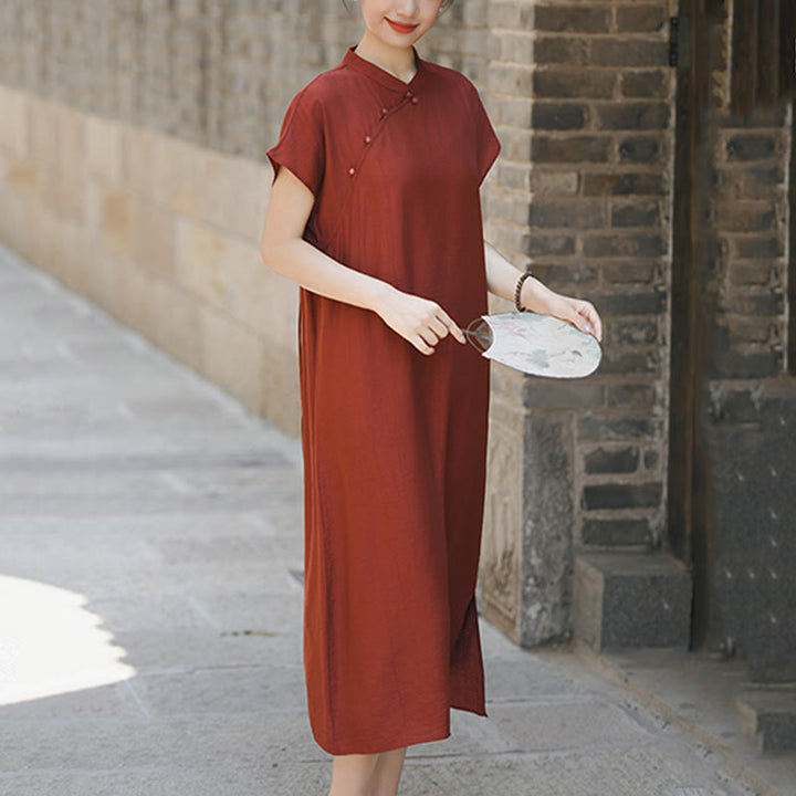 Vestido midi de lino y algodón con mangas cortas y diseño cheongsam liso con Buddha Stones y cordones - image 4
