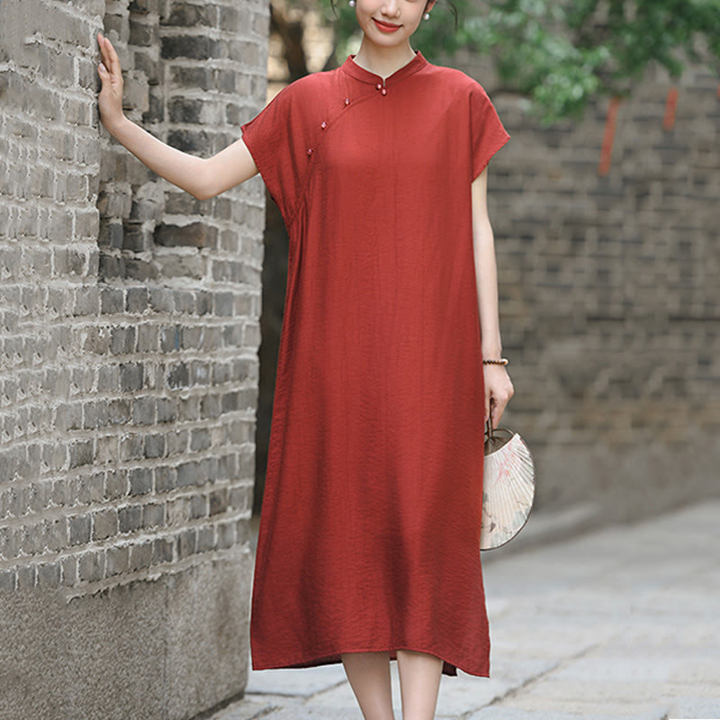 Vestido midi de lino y algodón con mangas cortas y diseño cheongsam liso con Buddha Stones y cordones - image 7