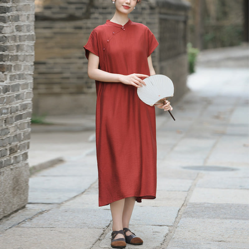Vestido midi de lino y algodón con mangas cortas y diseño cheongsam liso con Buddha Stones y cordones - image 5