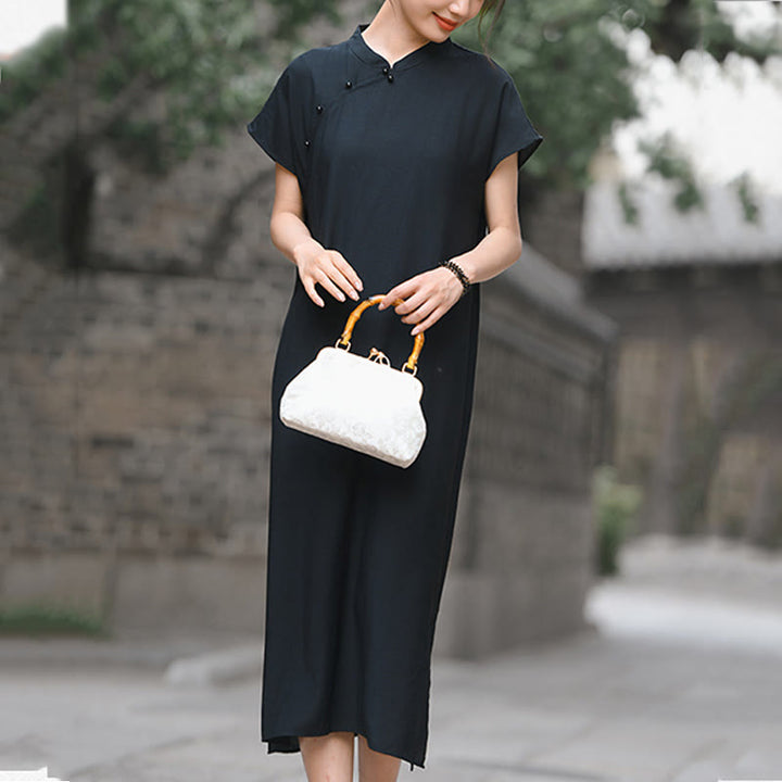 Vestido midi de lino y algodón con mangas cortas y diseño cheongsam liso con Buddha Stones y cordones - image 16