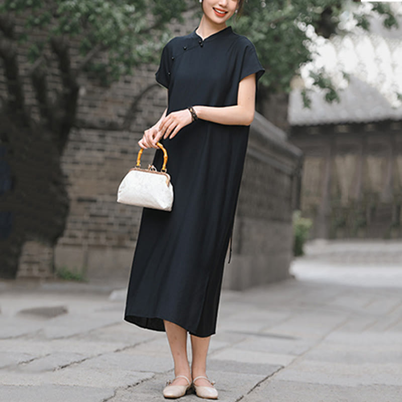 Vestido midi de lino y algodón con mangas cortas y diseño cheongsam liso con Buddha Stones y cordones - image 21