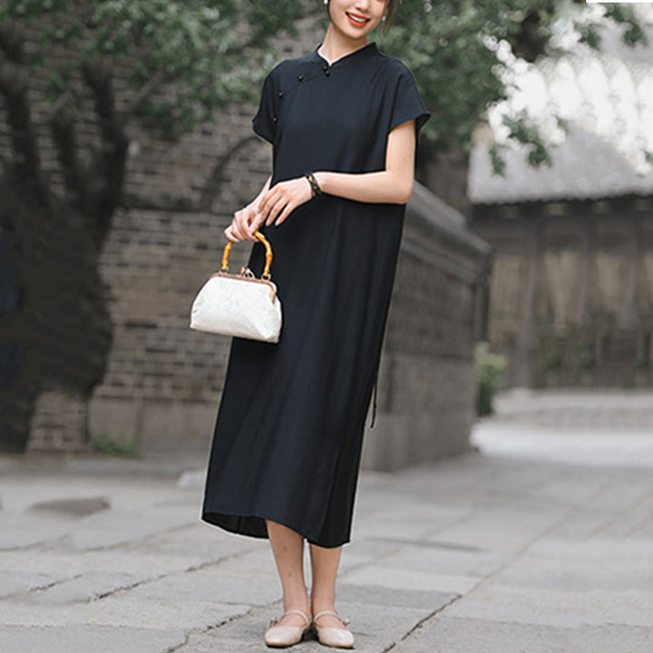 Vestido midi de lino y algodón con mangas cortas y diseño cheongsam liso con Buddha Stones y cordones - image 21