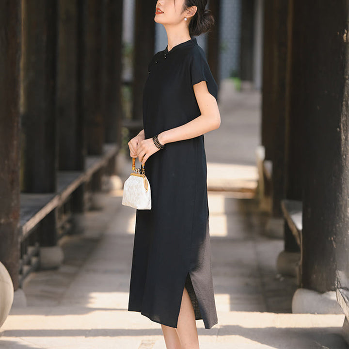 Vestido midi de lino y algodón con mangas cortas y diseño cheongsam liso con Buddha Stones y cordones - Negro - US8-10，UK/AU12-14，EU40-42 (2XL) - image 14