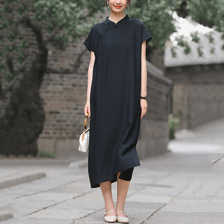 Vestido midi de lino y algodón con mangas cortas y diseño cheongsam liso con Buddha Stones y cordones - image 20
