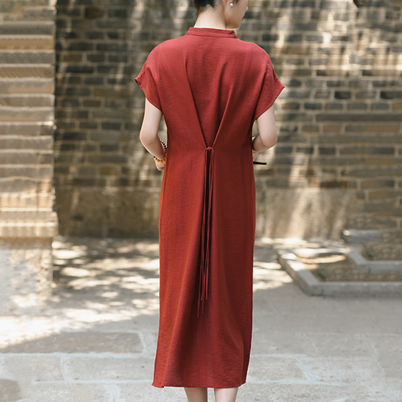 Vestido midi de lino y algodón con mangas cortas y diseño cheongsam liso con Buddha Stones y cordones - image 3