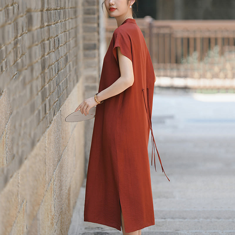 Vestido midi de lino y algodón con mangas cortas y diseño cheongsam liso con Buddha Stones y cordones - image 8