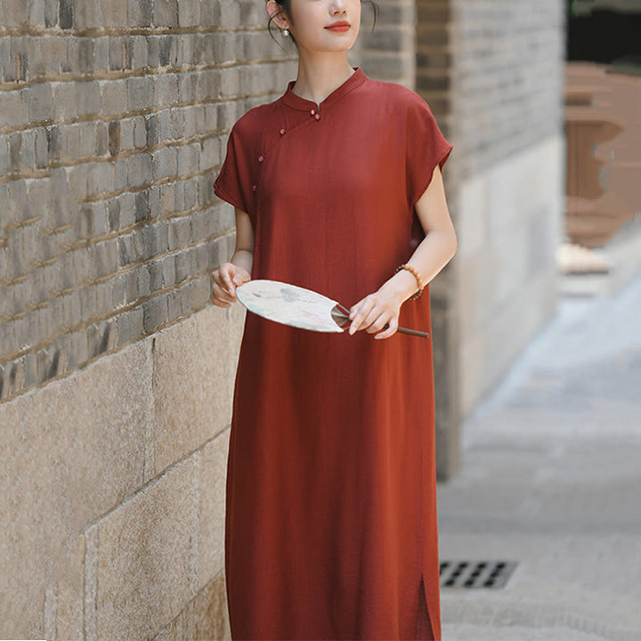 Vestido midi de lino y algodón con mangas cortas y diseño cheongsam liso con Buddha Stones y cordones - image 9