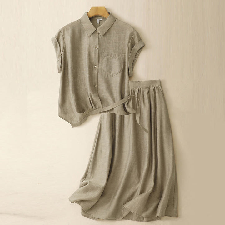 Conjunto de 2 piezas de camisa de manga corta con estampado de Buddha Stones y falda de 7-8 de largo con bolsillos de algodón y lino para mujer - Caqui oscuro - US8-10，UK/AU12-14，EU40-42 (2XL) - image 1