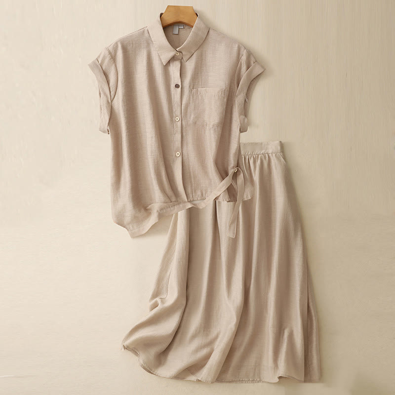 Conjunto de 2 piezas de camisa de manga corta con estampado de Buddha Stones y falda de 7-8 de largo con bolsillos de algodón y lino para mujer - Trigo - US8-10，UK/AU12-14，EU40-42 (2XL) - image 15