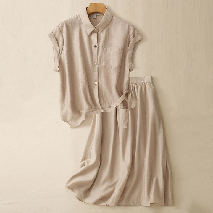 Conjunto de 2 piezas de camisa de manga corta con estampado de Buddha Stones y falda de 7-8 de largo con bolsillos de algodón y lino para mujer - Trigo - US8-10，UK/AU12-14，EU40-42 (2XL) - image 15