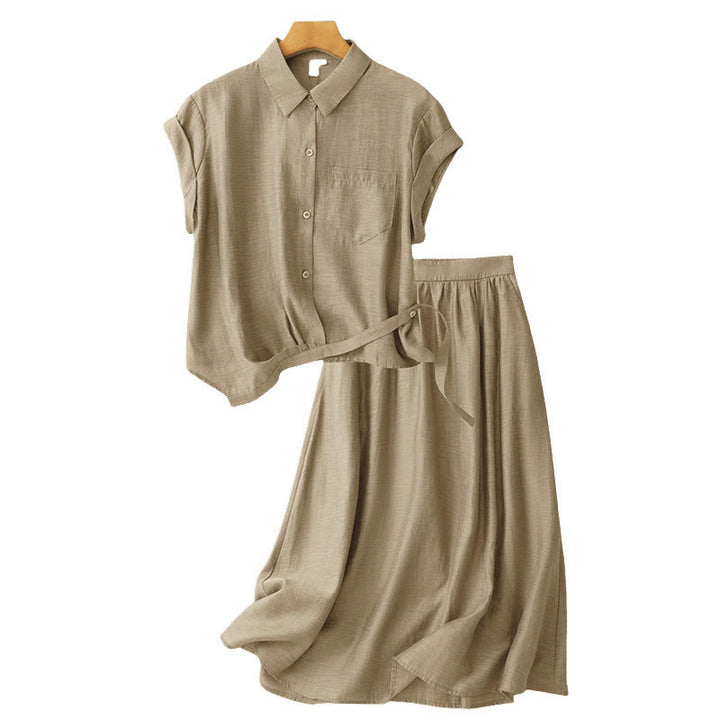 Conjunto de 2 piezas de camisa de manga corta con estampado de Buddha Stones y falda de 7-8 de largo con bolsillos de algodón y lino para mujer - image 14