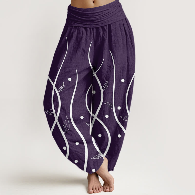 Pantalones harén de cintura elástica para mujer con estampado minimalista de hojas de parra y piedras de Buddha Stones - Índigo - US22，UK/AU26，EU54 (6XL) - image 0