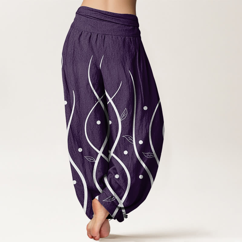 Pantalones harén de cintura elástica para mujer con estampado minimalista de hojas de parra y piedras de Buddha Stones - image 3