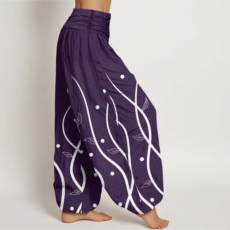 Pantalones harén de cintura elástica para mujer con estampado minimalista de hojas de parra y piedras de Buddha Stones - image 1
