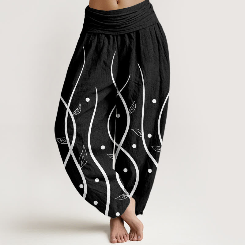Pantalones harén de cintura elástica para mujer con estampado minimalista de hojas de parra y piedras de Buddha Stones - Negro - US22，UK/AU26，EU54 (6XL) - image 4