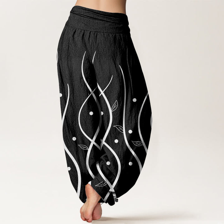Pantalones harén de cintura elástica para mujer con estampado minimalista de hojas de parra y piedras de Buddha Stones - image 6
