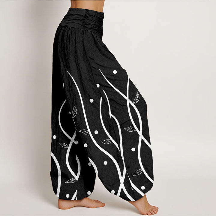 Pantalones harén de cintura elástica para mujer con estampado minimalista de hojas de parra y piedras de Buddha Stones - image 5