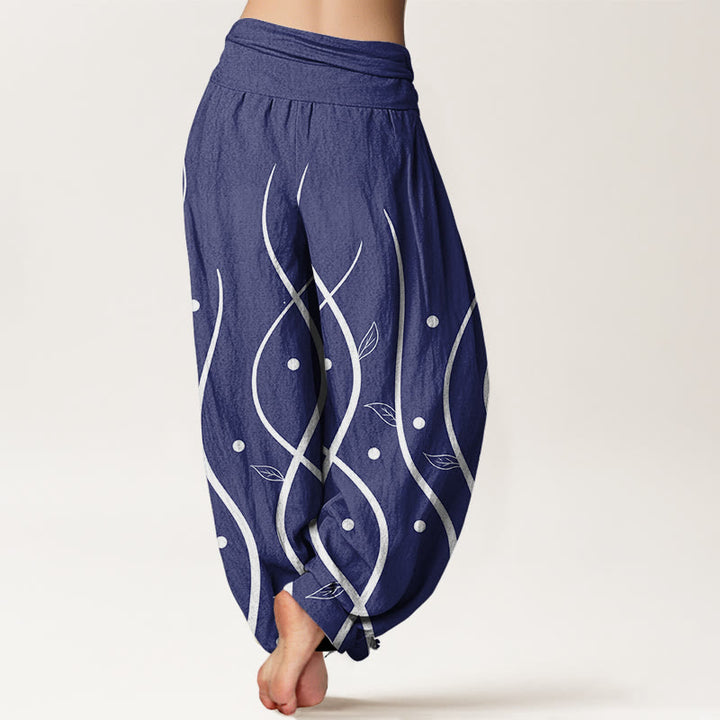 Pantalones harén de cintura elástica para mujer con estampado minimalista de hojas de parra y piedras de Buddha Stones - image 9