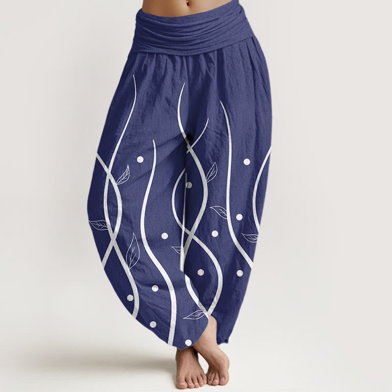 Pantalones harén de cintura elástica para mujer con estampado minimalista de hojas de parra y piedras de Buddha Stones - Azul oscuro - US22，UK/AU26，EU54 (6XL) - image 8