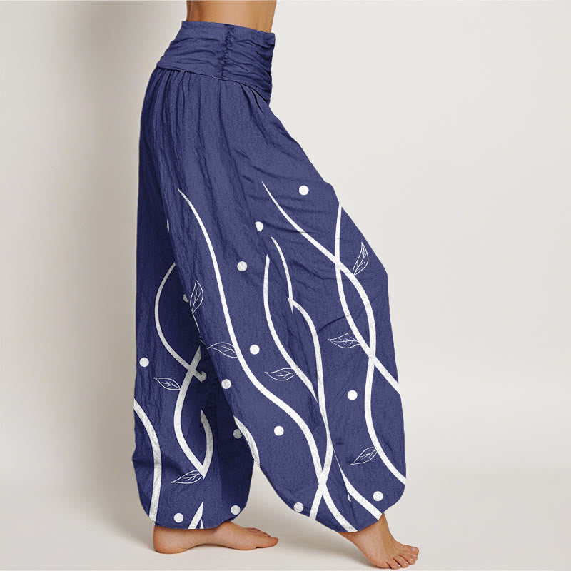 Pantalones harén de cintura elástica para mujer con estampado minimalista de hojas de parra y piedras de Buddha Stones - image 9