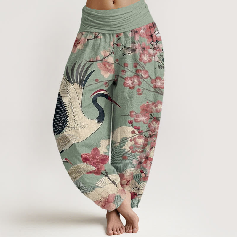 Pantalones harén con cintura elástica para mujer, diseño informal de grullas y flores de cerezo con Buddha Stones - Verde mar oscuro - US22，UK/AU26，EU54 (6XL) - image 1