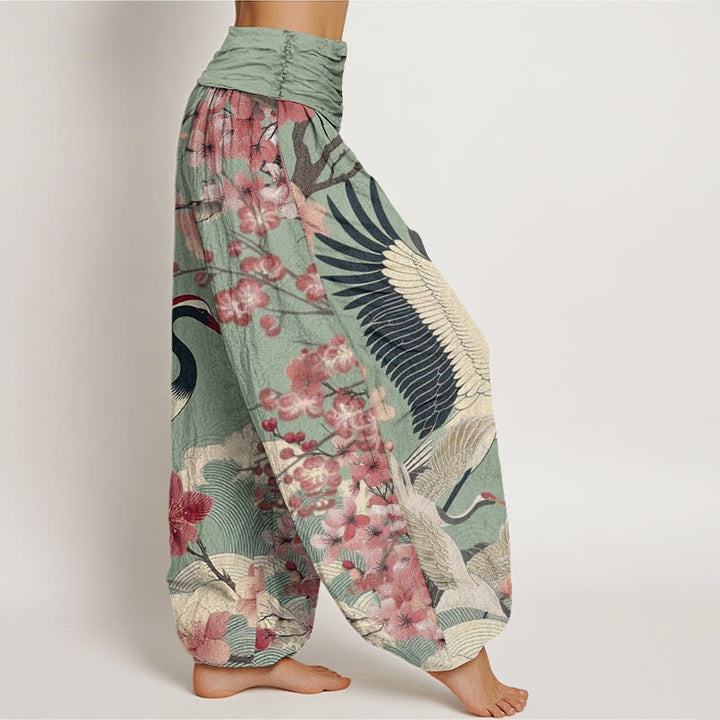 Pantalones harén con cintura elástica para mujer, diseño informal de grullas y flores de cerezo con Buddha Stones - image 1