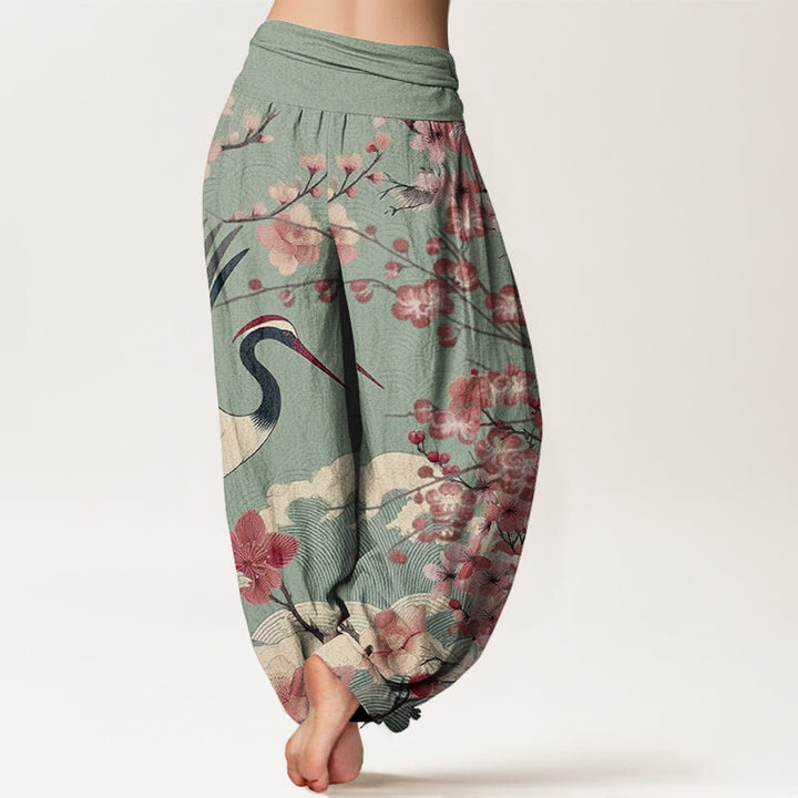 Pantalones harén con cintura elástica para mujer, diseño informal de grullas y flores de cerezo con Buddha Stones - image 3