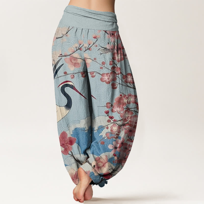 Pantalones harén con cintura elástica para mujer, diseño informal de grullas y flores de cerezo con Buddha Stones - image 6