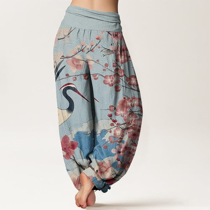 Pantalones harén con cintura elástica para mujer, diseño informal de grullas y flores de cerezo con Buddha Stones - image 6
