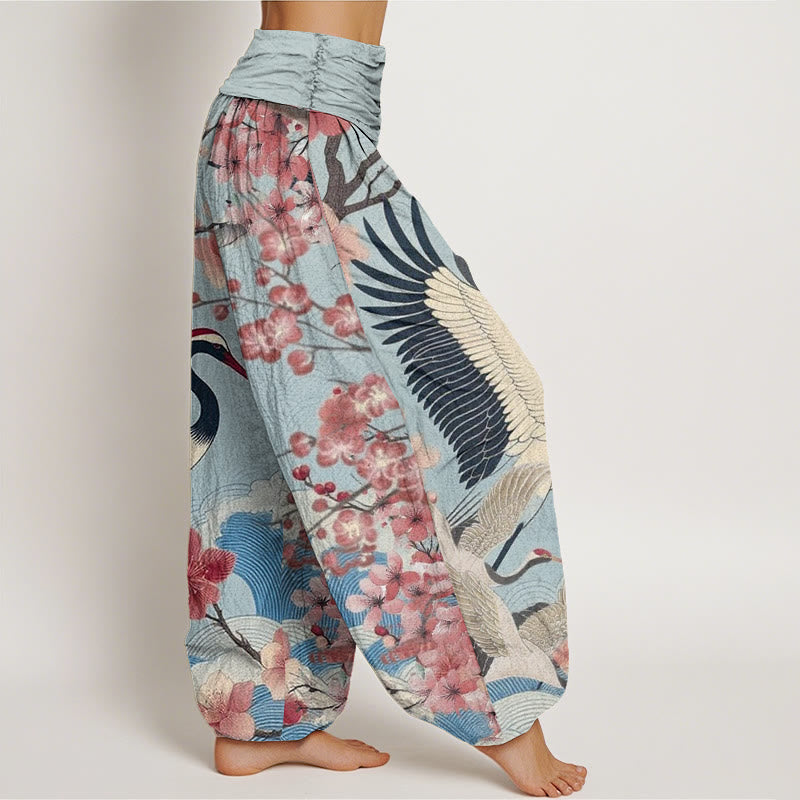 Pantalones harén con cintura elástica para mujer, diseño informal de grullas y flores de cerezo con Buddha Stones - image 5