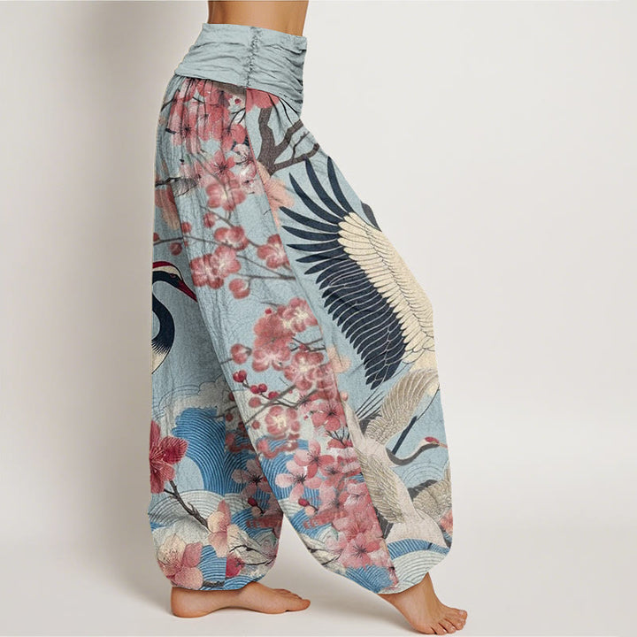 Pantalones harén con cintura elástica para mujer, diseño informal de grullas y flores de cerezo con Buddha Stones - image 5
